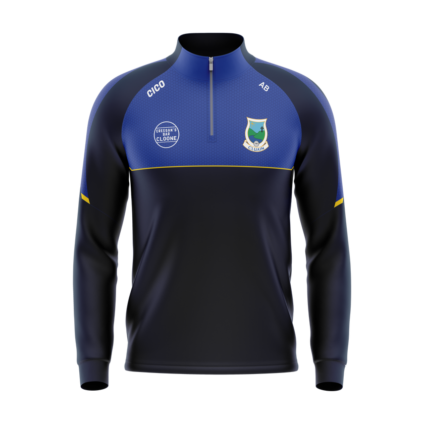 Cloone GAA navy and royal blue half zip with Cloone crest and dark gold chest line - GAA clothing by Cico Sports