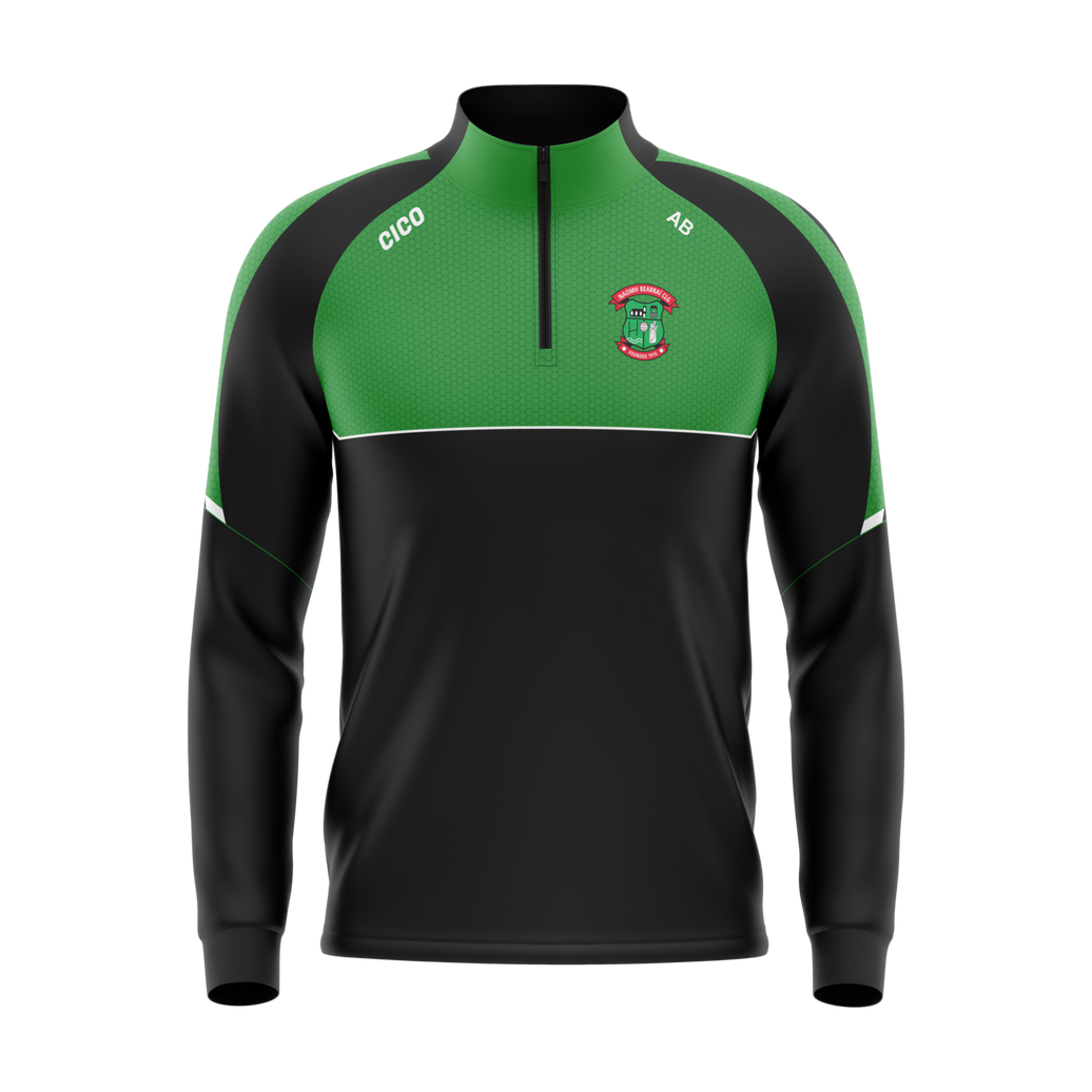 St Barrys GAA kid's half zip in black and emerald green with club crest