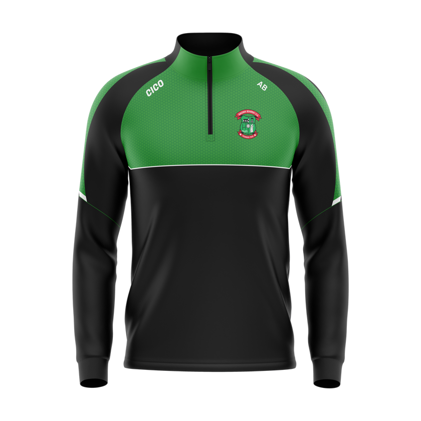 St Barrys GAA kid's half zip in black and emerald green with club crest