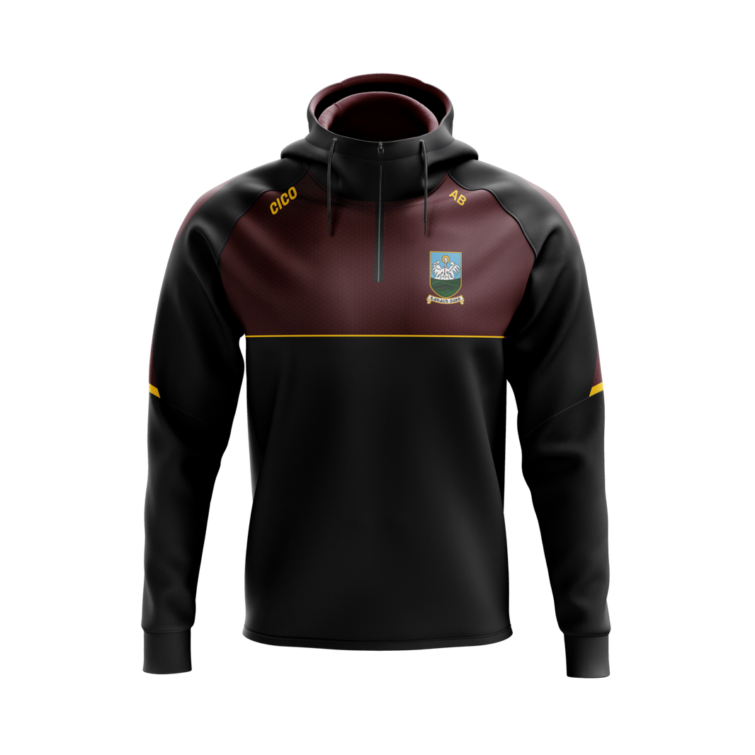 Annaduff GAA kid's black and maroon hooded half zip with gold trim and club crest - front - Cico Sports