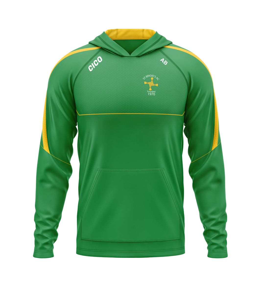 St Brigid's AC green and gold club hoodie with crest - front - Cico Sports