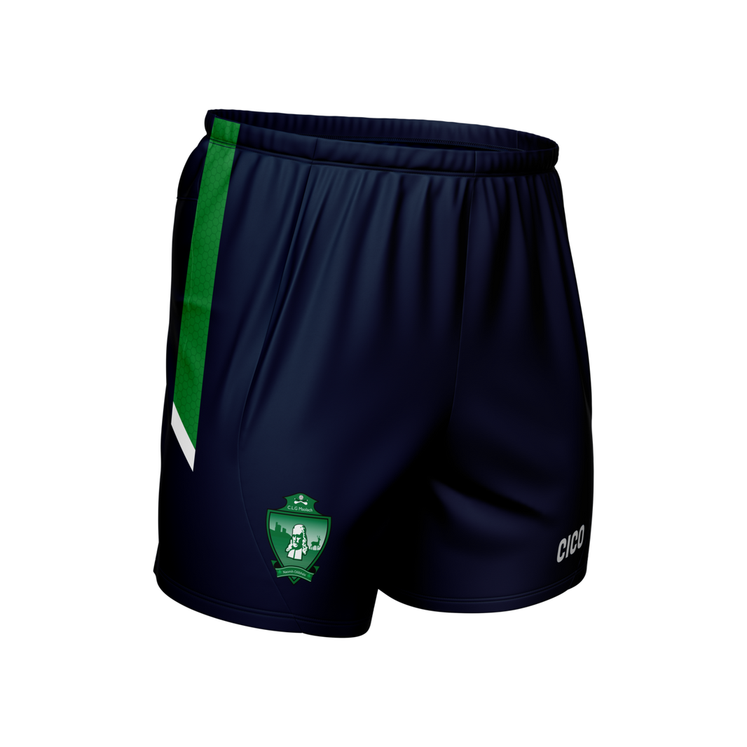 Moylagh GAA navy leisure shorts with green and white side panel and club crest