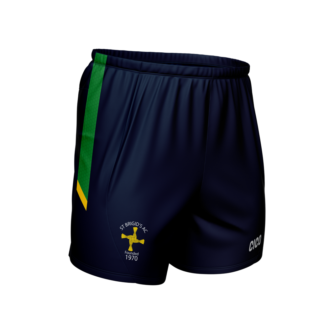 St Brigid's AC kid's navy leisure shorts with green and gold side panel and club crest - Cico Sports