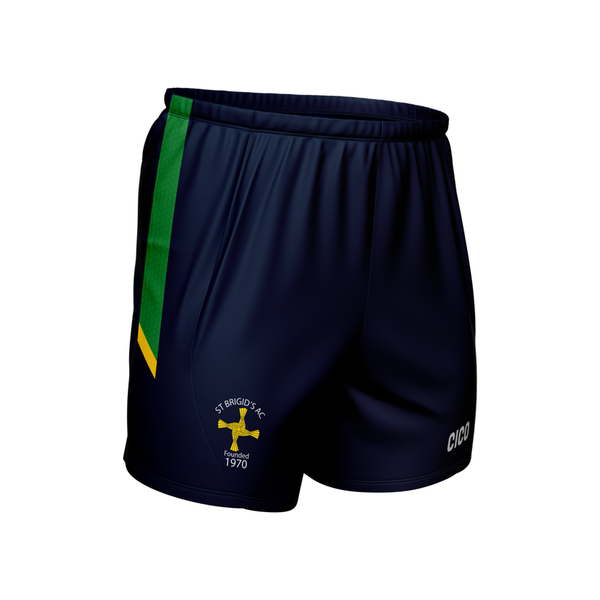St Brigid's AC kid's navy leisure shorts with green and gold side panel and club crest - Cico Sports