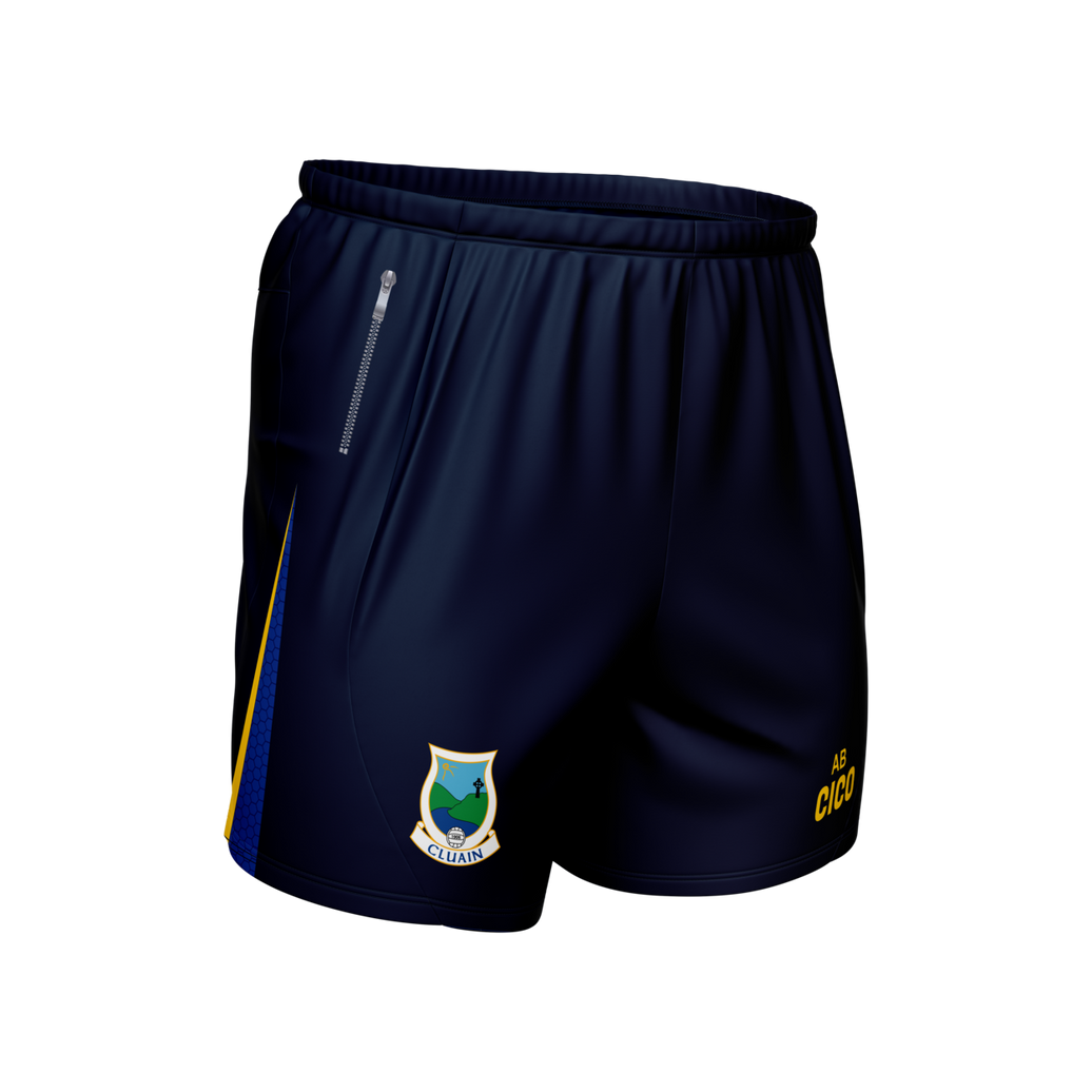 Cloone GAA navy leisure shorts with zip pocket, royal blue and gold side panel and Cloone crest - GAA clothing by Cico Sports