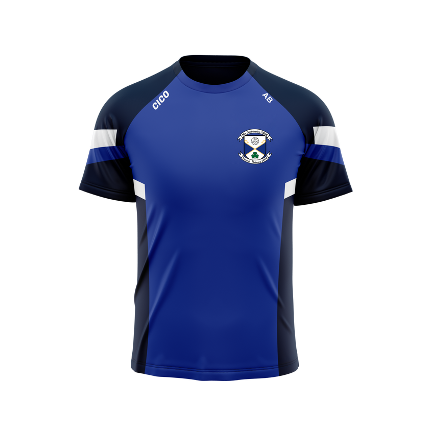 Arva GAA leisure t-shirt in royal blue with navy sleeves, white sleeve stripes and club crest – front