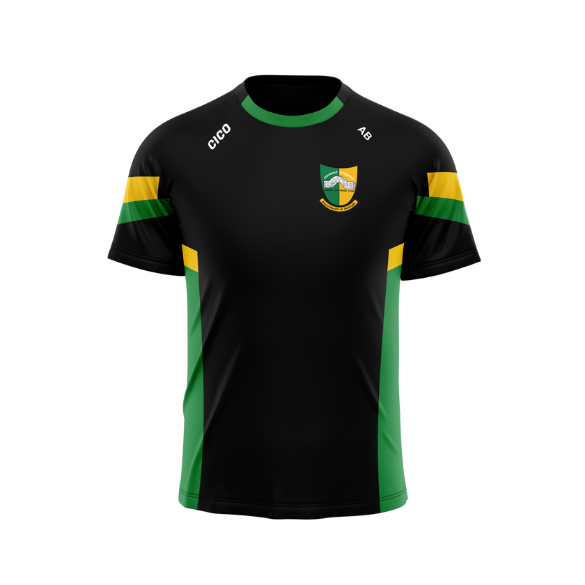 Mountnugent GAA kid's leisure t-shirt in black with emerald and gold panels and club crest