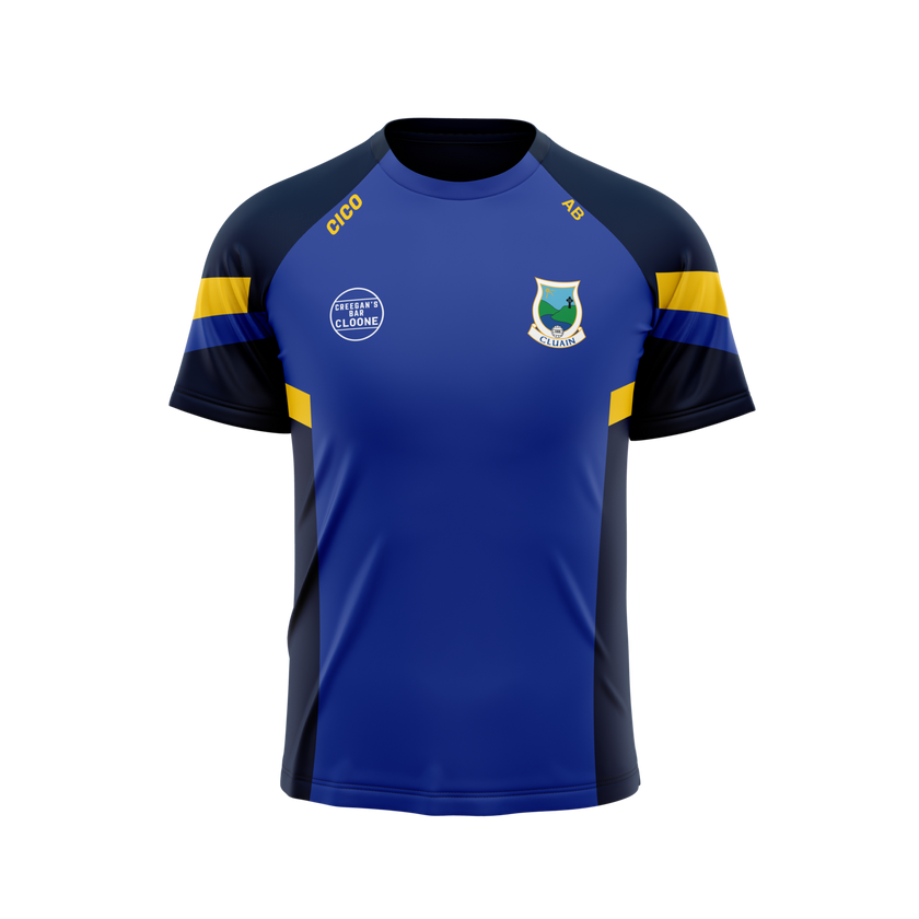 Cloone GAA royal blue and navy leisure t-shirt with Cloone crest and gold stripes - GAA clothing by Cico Sports