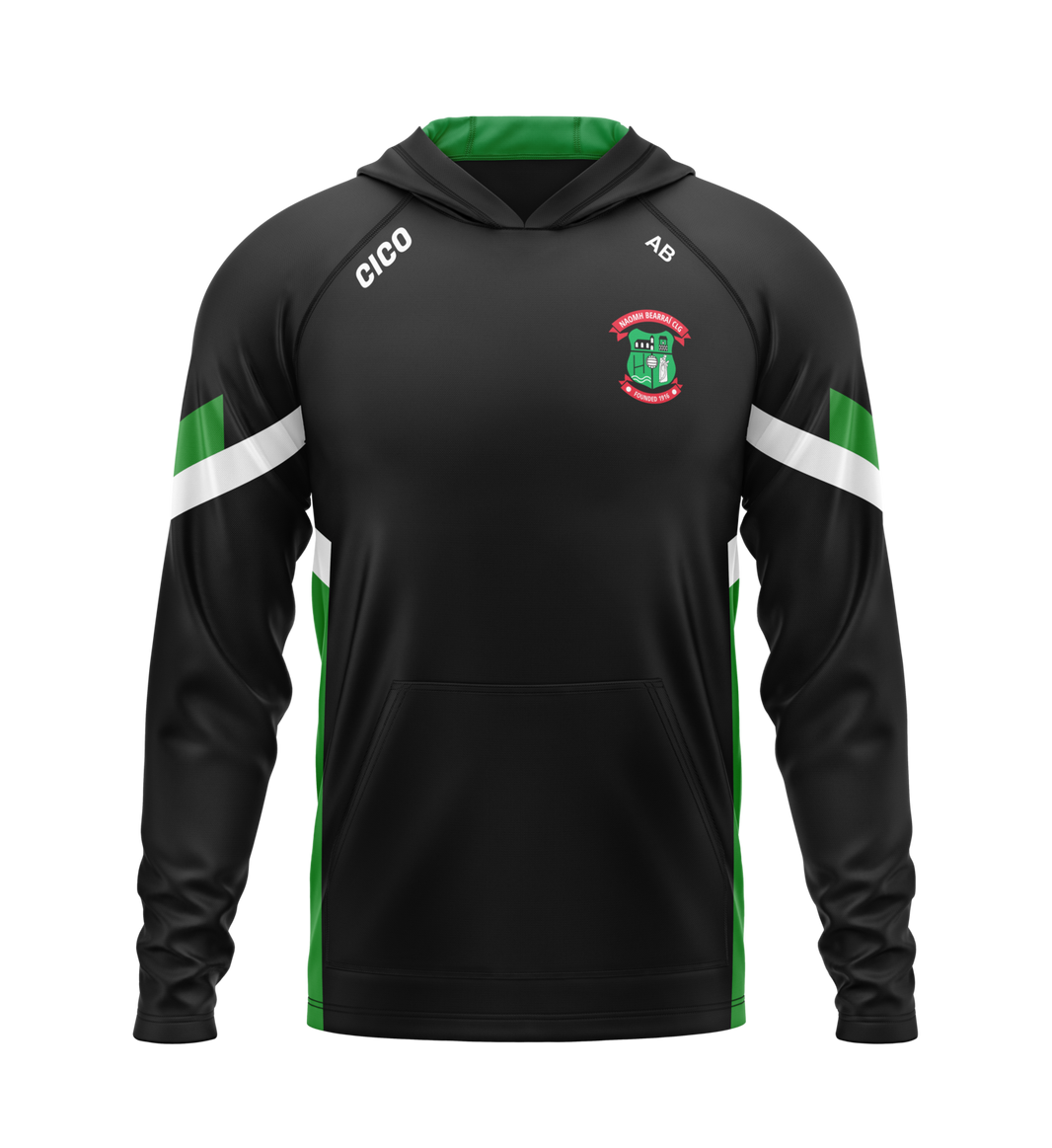 St Barrys GAA kid's black hoodie with emerald and white sleeve detail and club crest