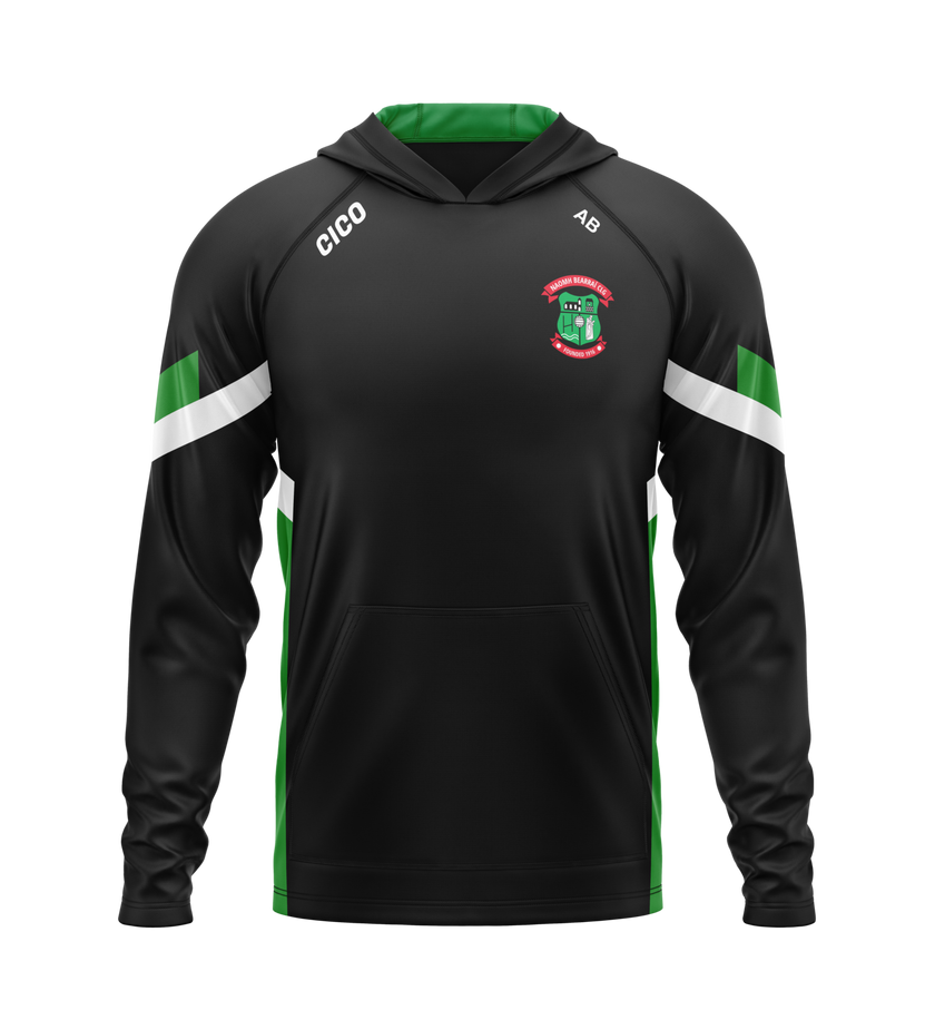 St Barrys GAA kid's black hoodie with emerald and white sleeve detail and club crest
