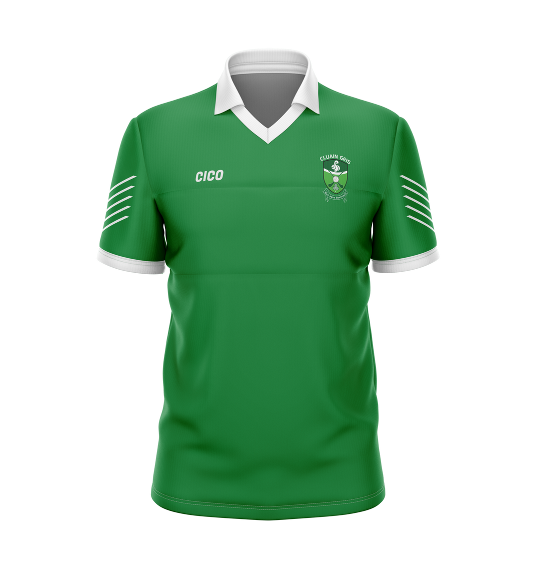 Clonguish GAA Retro Jersey front - green GAA jersey with white collar and club crest