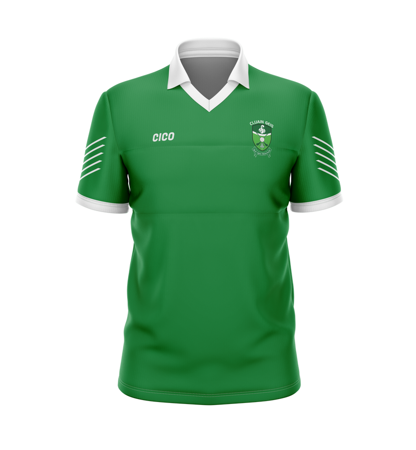 Clonguish GAA Retro Jersey front - green GAA jersey with white collar and club crest