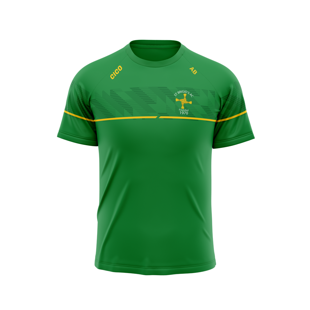 St Brigid's AC kid's green leisure t-shirt with gold stripe and club crest - front - Cico Sports