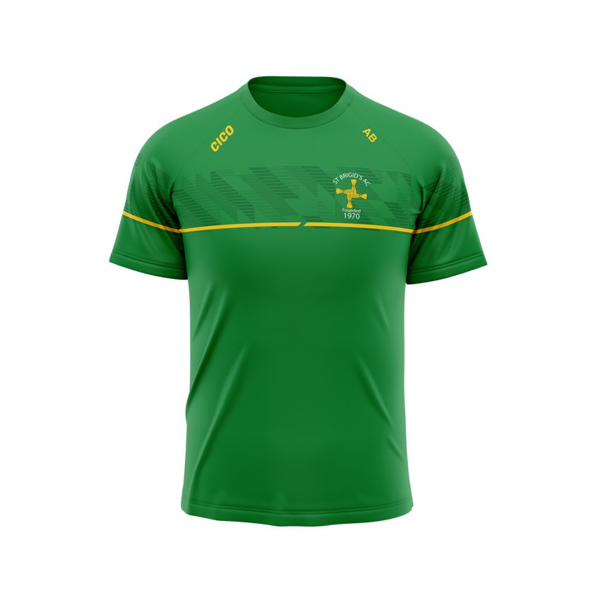 St Brigid's AC kid's green leisure t-shirt with gold stripe and club crest - front - Cico Sports