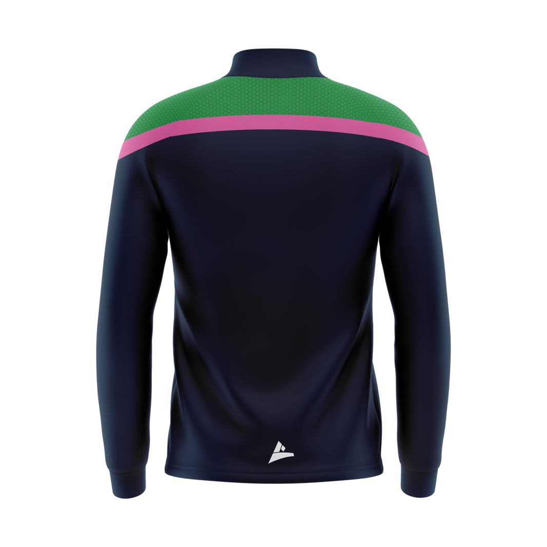 St Barry's LGFA unisex navy half zip with emerald and pink shoulders, back - club merchandise