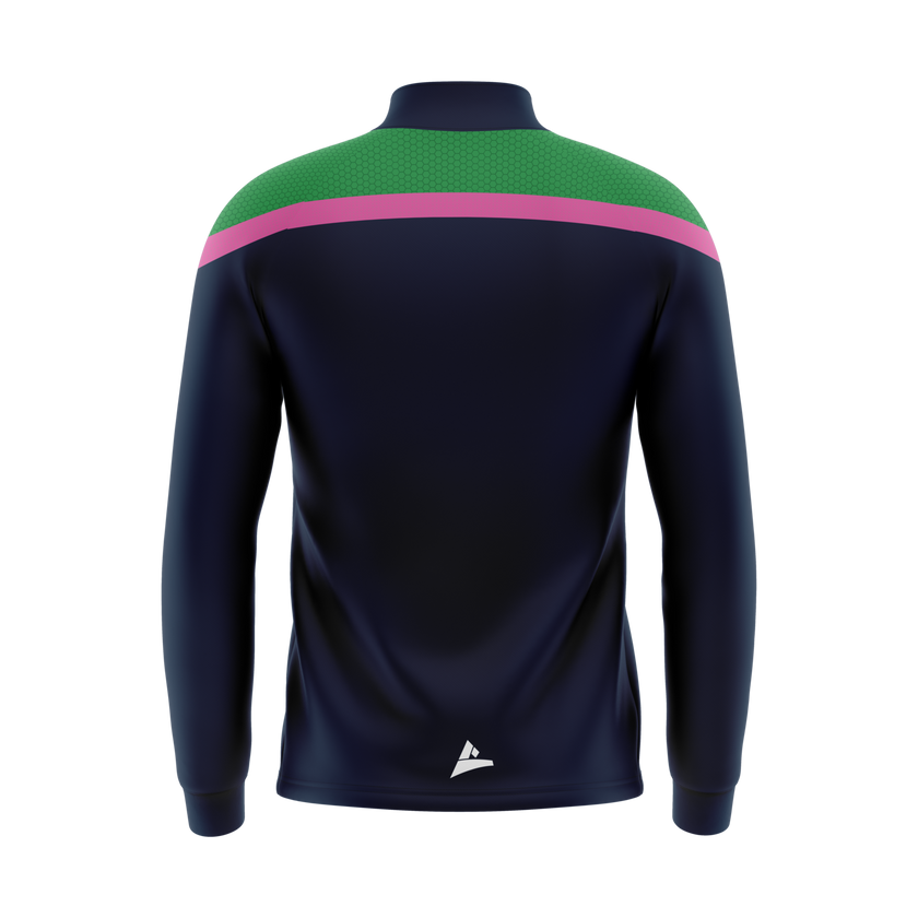 St Barry's LGFA kid's navy half zip with emerald and pink shoulders, back - club merchandise