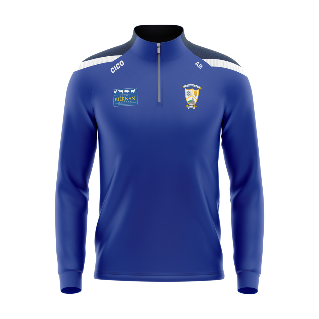 St Mary's Granard GFC royal half zip with navy and white shoulders, club crest and sponsor logo - GAA clothing by Cico Sports