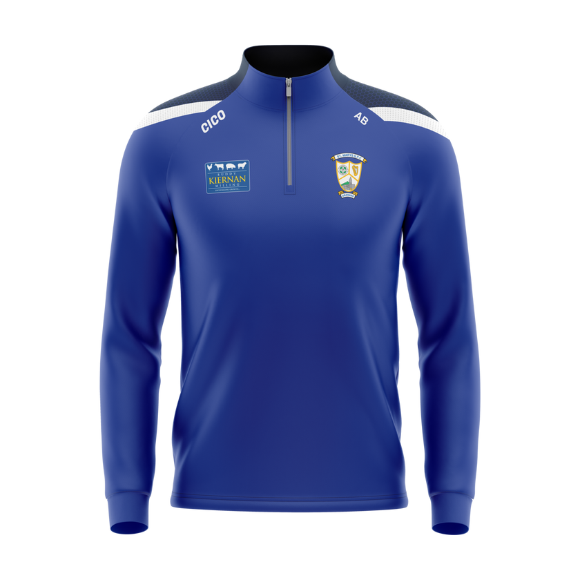 St Mary's Granard GFC royal half zip with navy and white shoulders, club crest and sponsor logo - GAA clothing by Cico Sports