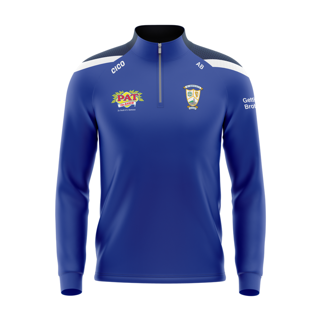 St Mary's Granard GFC royal half zip with navy and white shoulders, club crest and sponsor logo - official GAA clothing by Cico Sports