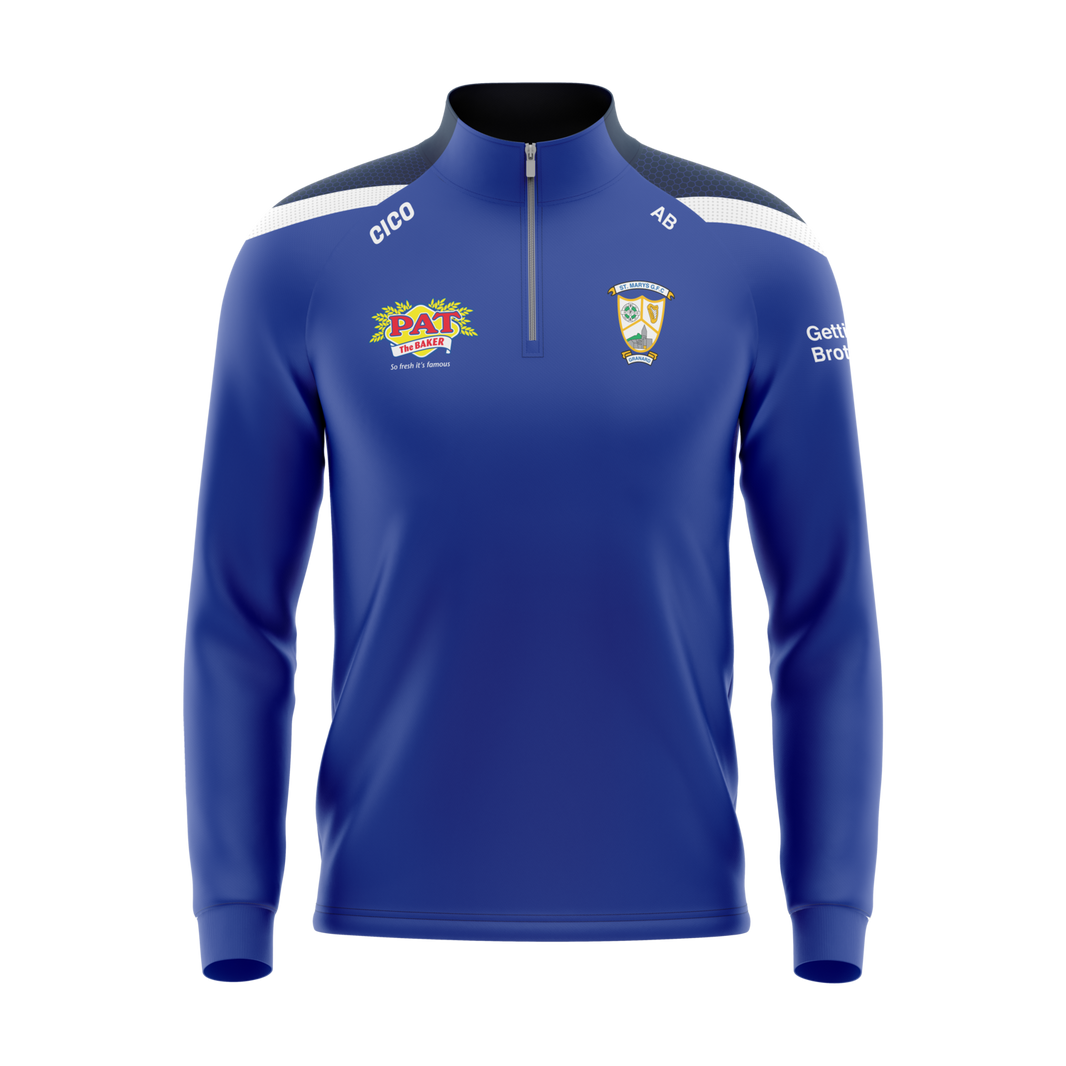 St Mary's Granard GFC royal half zip with navy and white shoulders, club crest and sponsor logo - official GAA clothing by Cico Sports