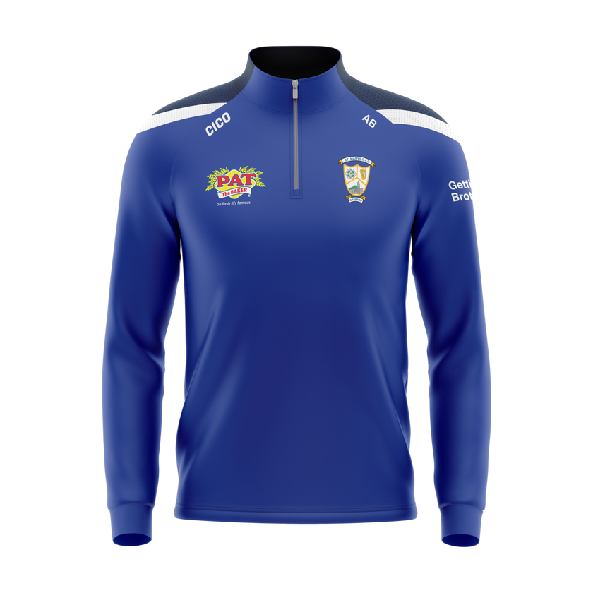 St Mary's Granard GFC royal half zip with navy and white shoulders, club crest and sponsor logo - official GAA clothing by Cico Sports