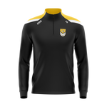 Ballinagh GAA black half zip with amber and white shoulder panel and club crest – front