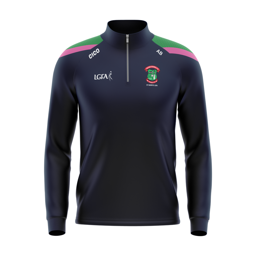 St Barry's LGFA kid's navy half zip with emerald and pink shoulders, front - LGFA clothing