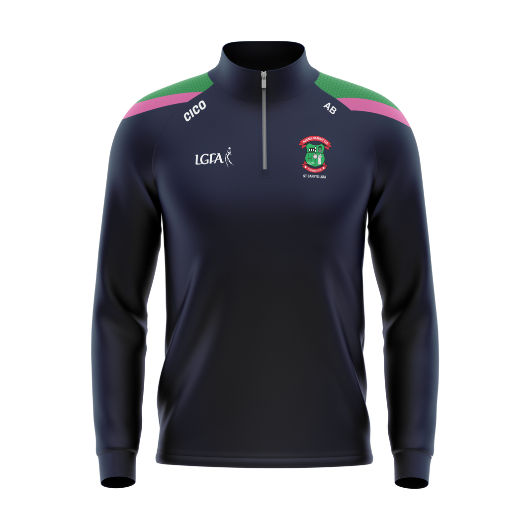 St Barry's LGFA kid's navy half zip with emerald and pink shoulders, front - LGFA clothing