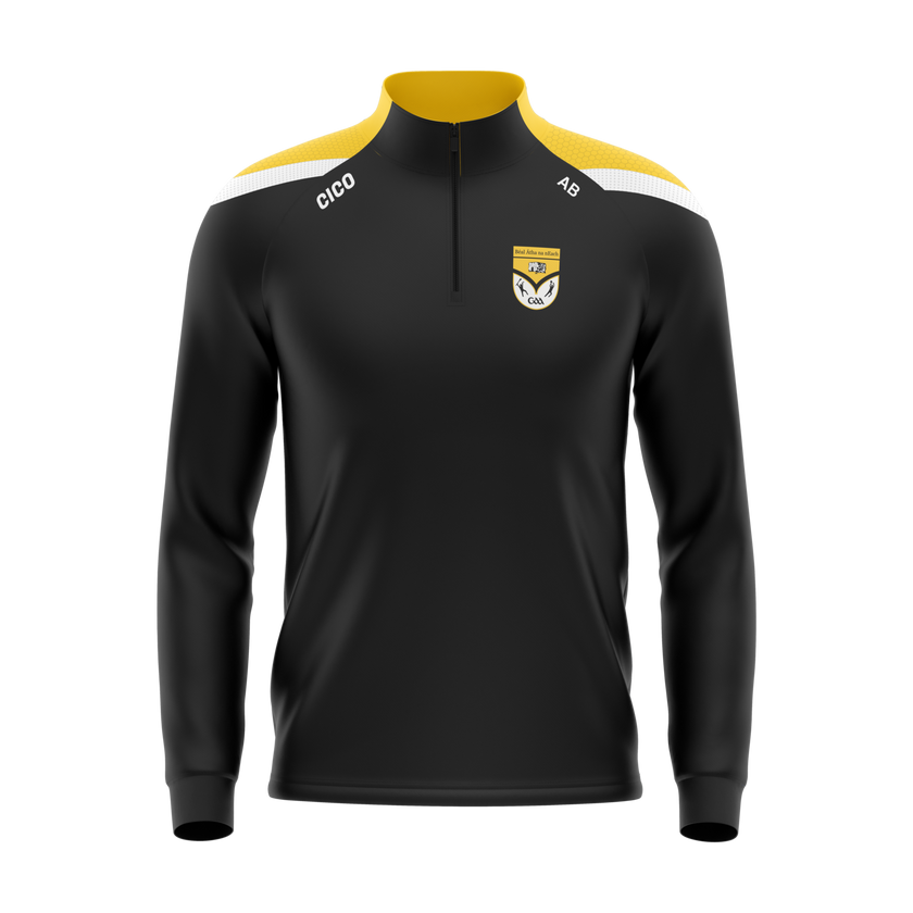 Ballinagh GAA black half zip with amber and white shoulder panel and club crest – front