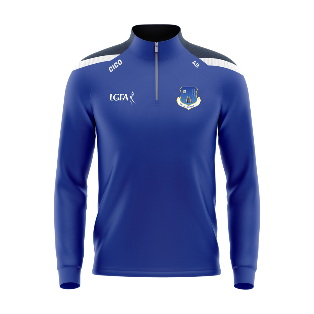 Oldcastle LGFA women's royal half zip with navy shoulder panel - front