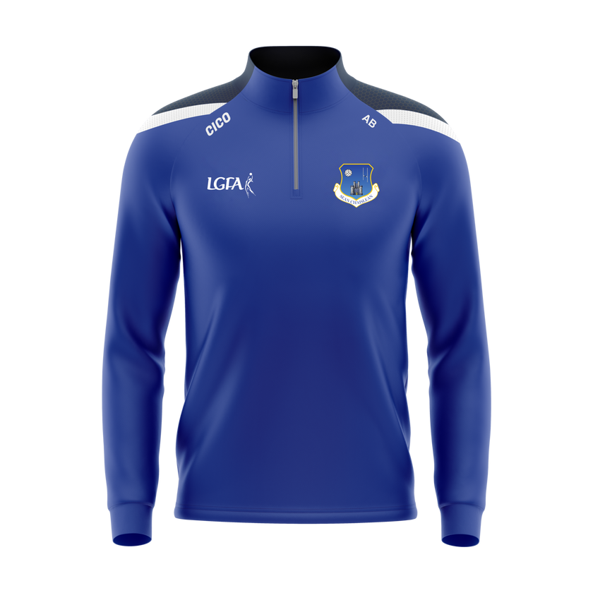 Oldcastle LGFA royal half zip with navy shoulder panel - front