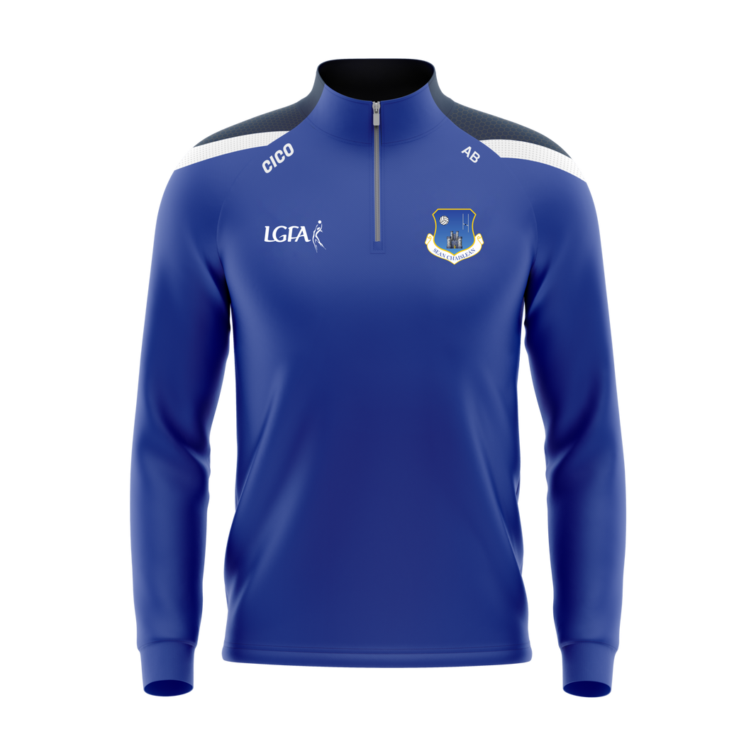 Oldcastle LGFA kid's royal half zip with navy shoulder panel - front