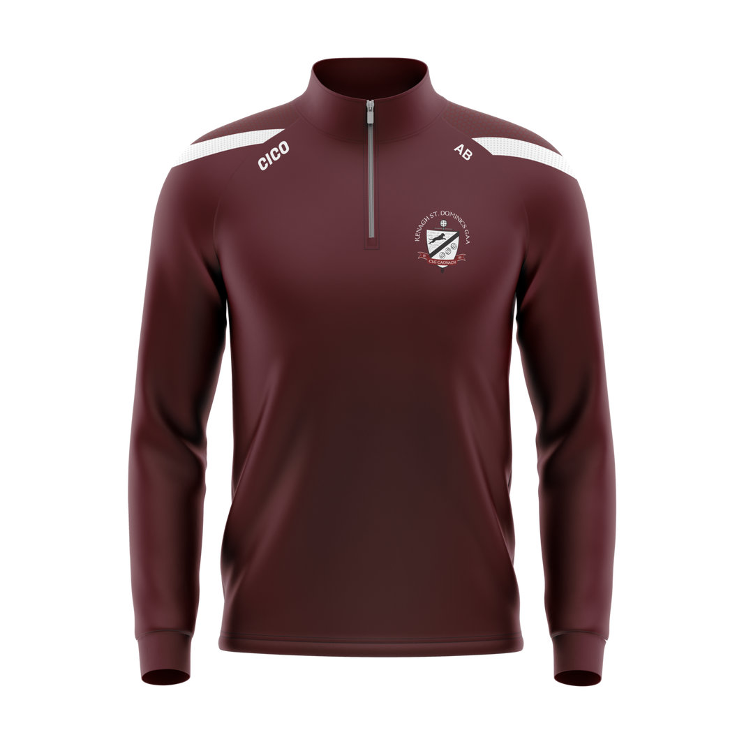 Kenagh St. Dominic's GAA maroon half zip with white shoulder panels and club crest - front - Cico Sports