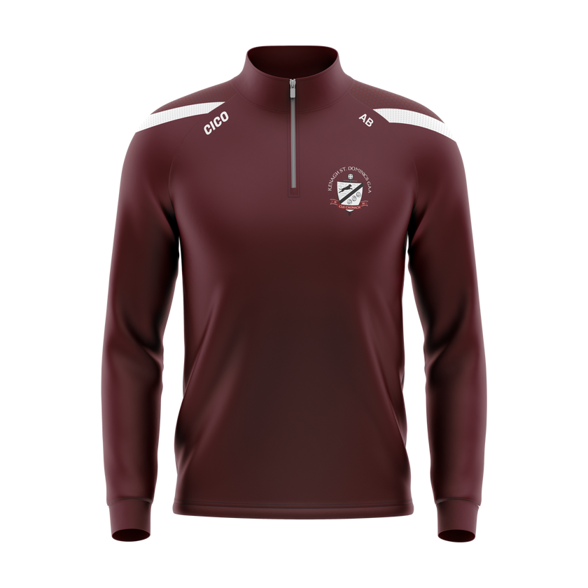 Kenagh St. Dominic's GAA maroon half zip with white shoulder panels and club crest - front - Cico Sports