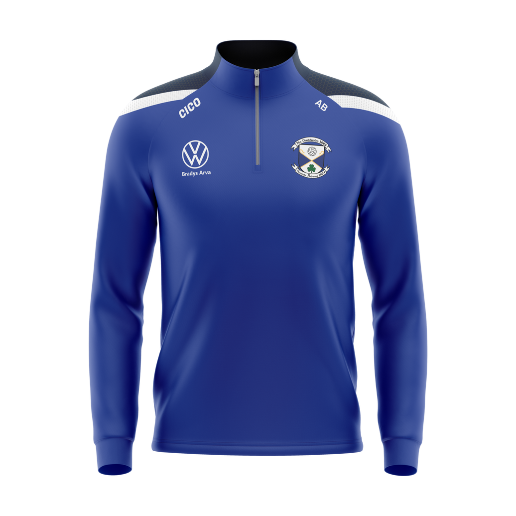Arva GAA royal blue half zip with navy and white shoulder panel, club crest and sponsor – front
