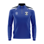 Arva GAA royal blue half zip with navy and white shoulder panel, club crest and sponsor – front