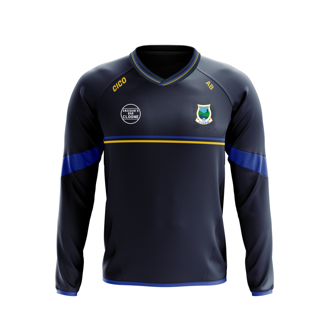 Cloone GAA navy windcheater with royal blue and gold chest stripe, Cloone crest and Creegan's Bar sponsor - GAA clothing by Cico Sports