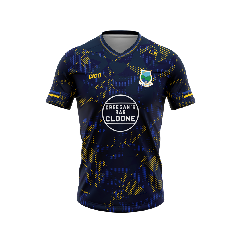 Cloone GAA navy and gold training jersey with Cloone crest and Creegan's Bar sponsor - GAA clothing by Cico Sports