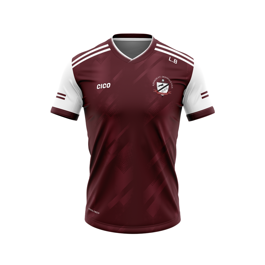 Kenagh St. Dominic's GAA maroon training jersey with white sleeves and club crest - front - Cico Sports