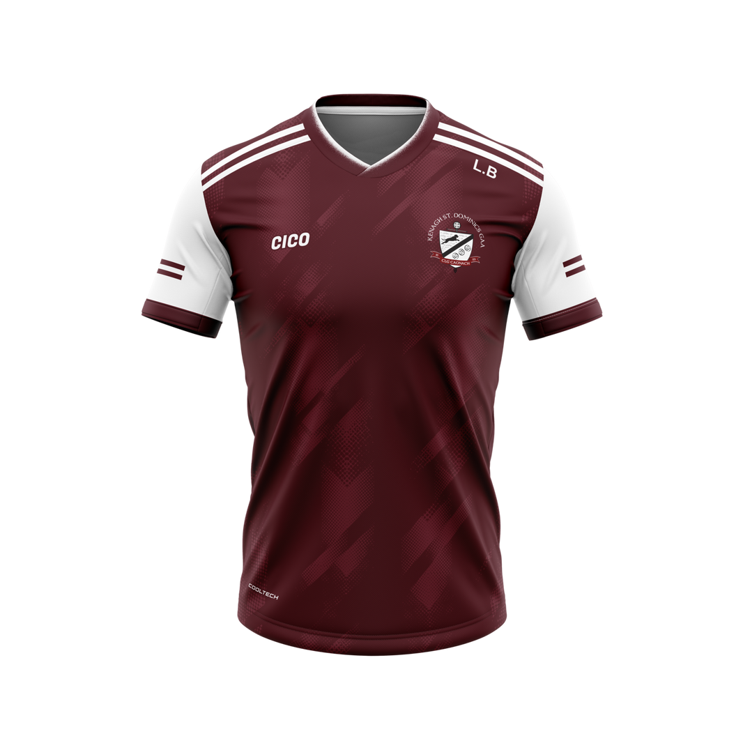 Kenagh St. Dominic's GAA maroon training jersey with white sleeves and club crest - front - Cico Sports