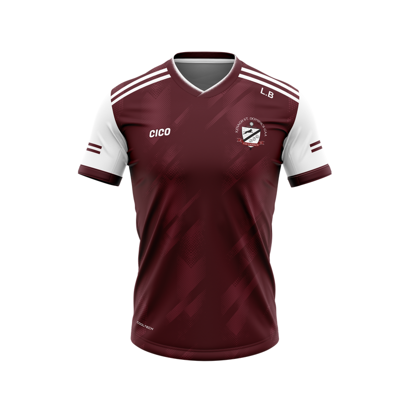 Kenagh St. Dominic's GAA maroon training jersey with white sleeves and club crest - front - Cico Sports
