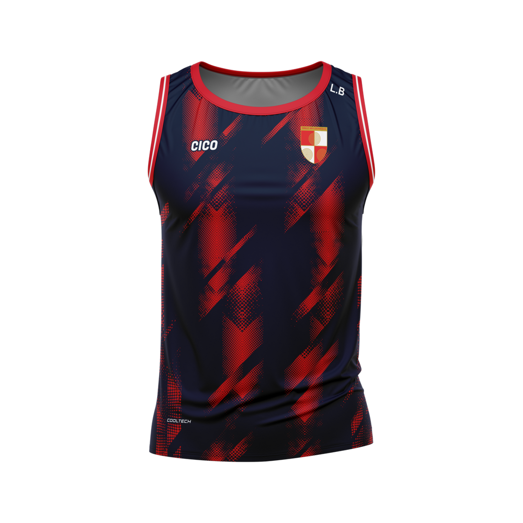 Ballinlough GFC navy and red sleeveless jersey front with crest