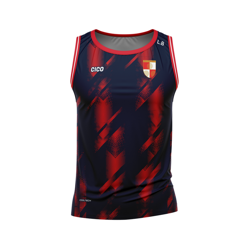 Ballinlough GFC navy and red sleeveless jersey front with crest