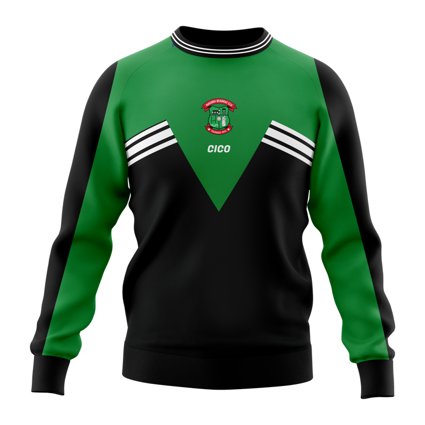St Barrys GAA kid's black and emerald green crewneck with white chest stripes and club crest
