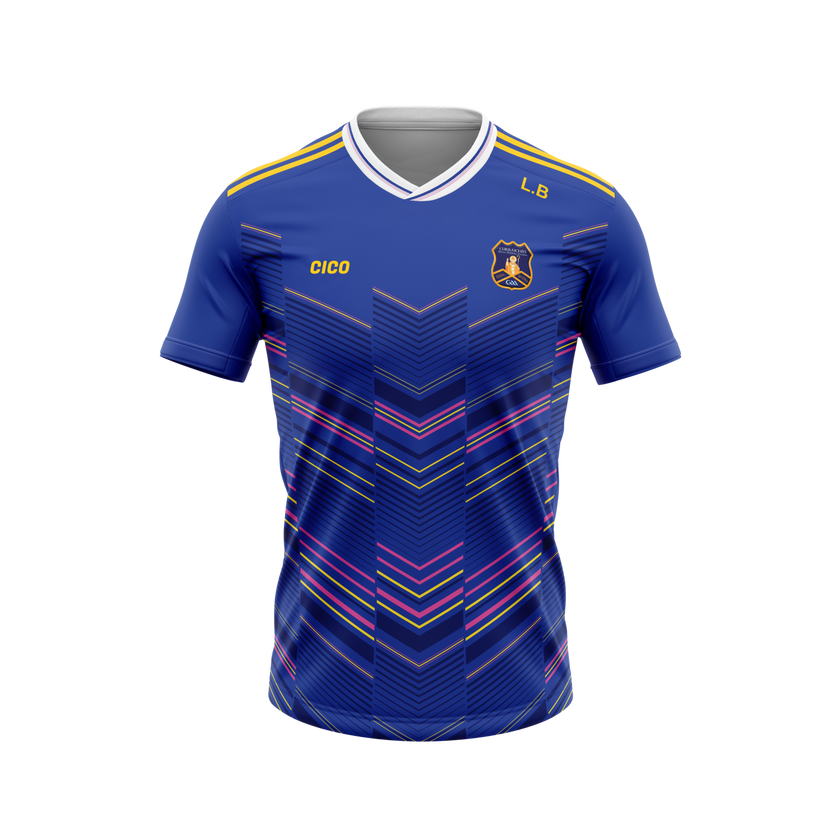 Currin LGFA kid's playing jersey in royal blue with dark gold shoulder stripes, pink and gold chevron pattern and club crest - front - Cico Sports