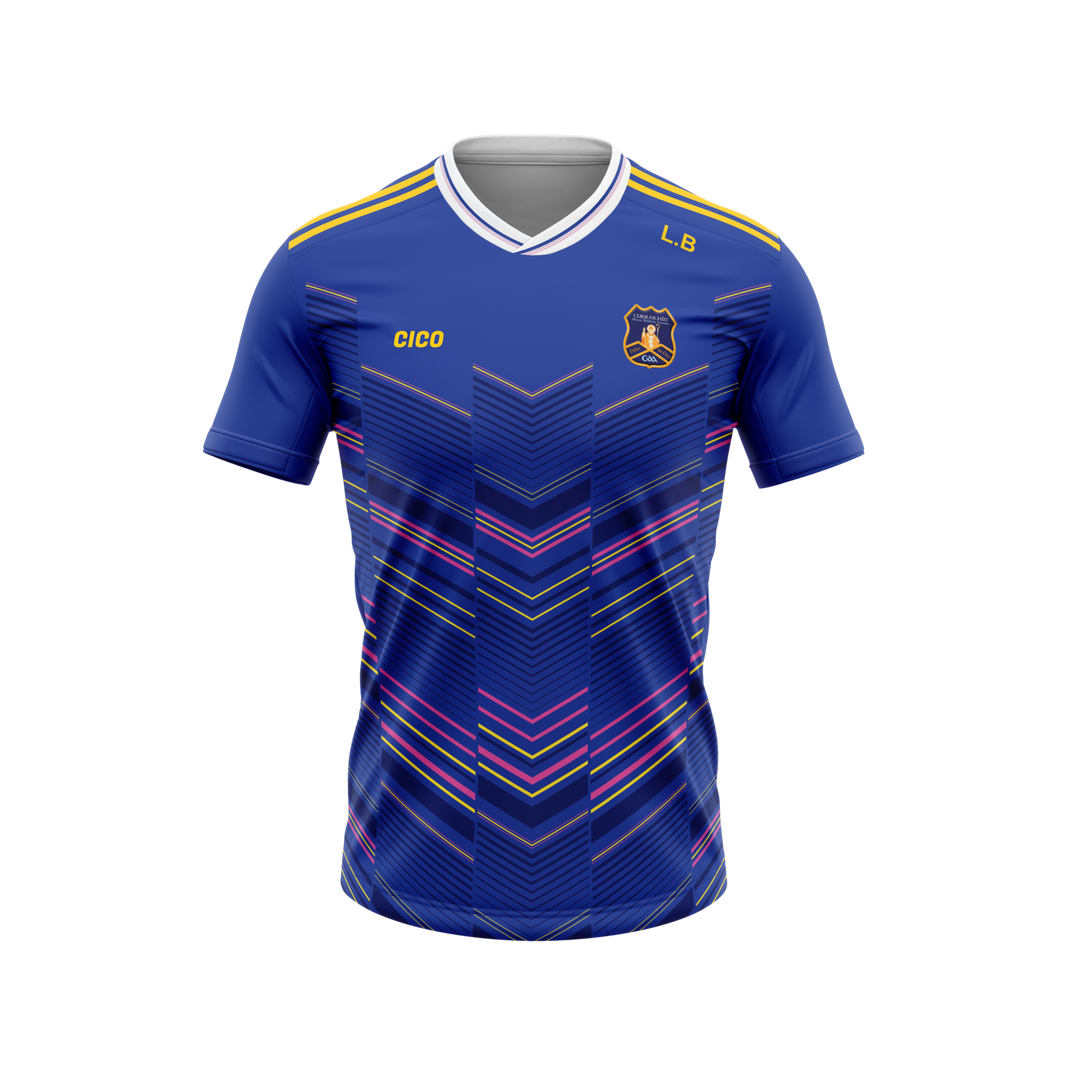Currin LGFA playing jersey in royal blue with dark gold shoulder stripes, pink and gold chevron pattern and club crest - front - Cico Sports