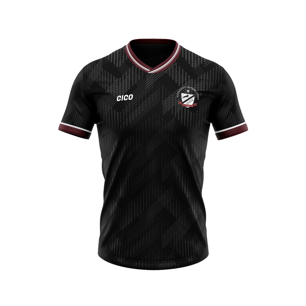 Kenagh St. Dominic's GAA black training jersey with maroon and white trim and club crest - front - Cico Sports