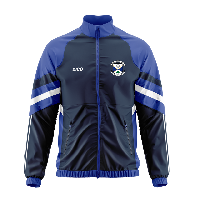 Arva GAA retro full zip jacket in navy and royal blue with white sleeve stripes and club crest – front