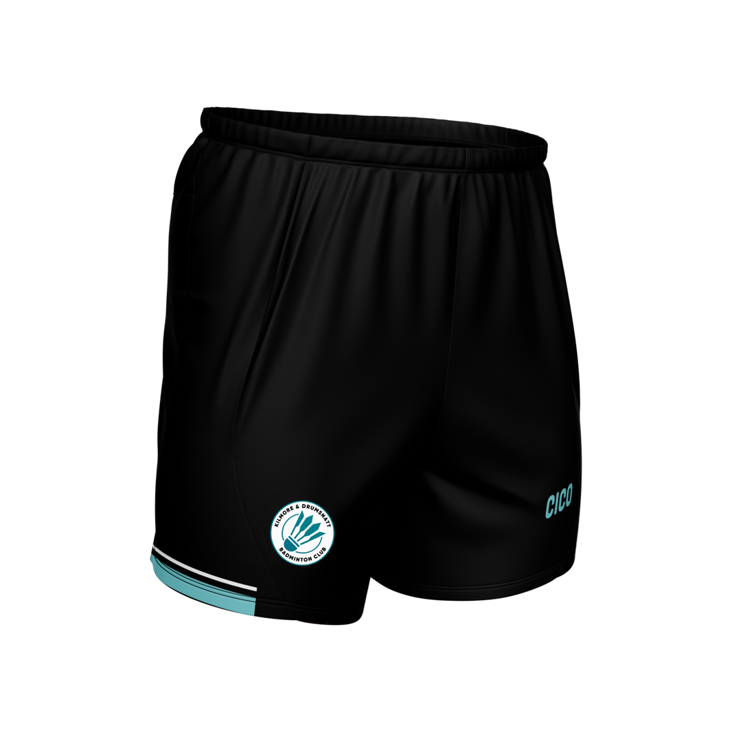 Kilmore & Drumsnatt Badminton Club black shorts with turquoise hem and club crest - Cico Sports