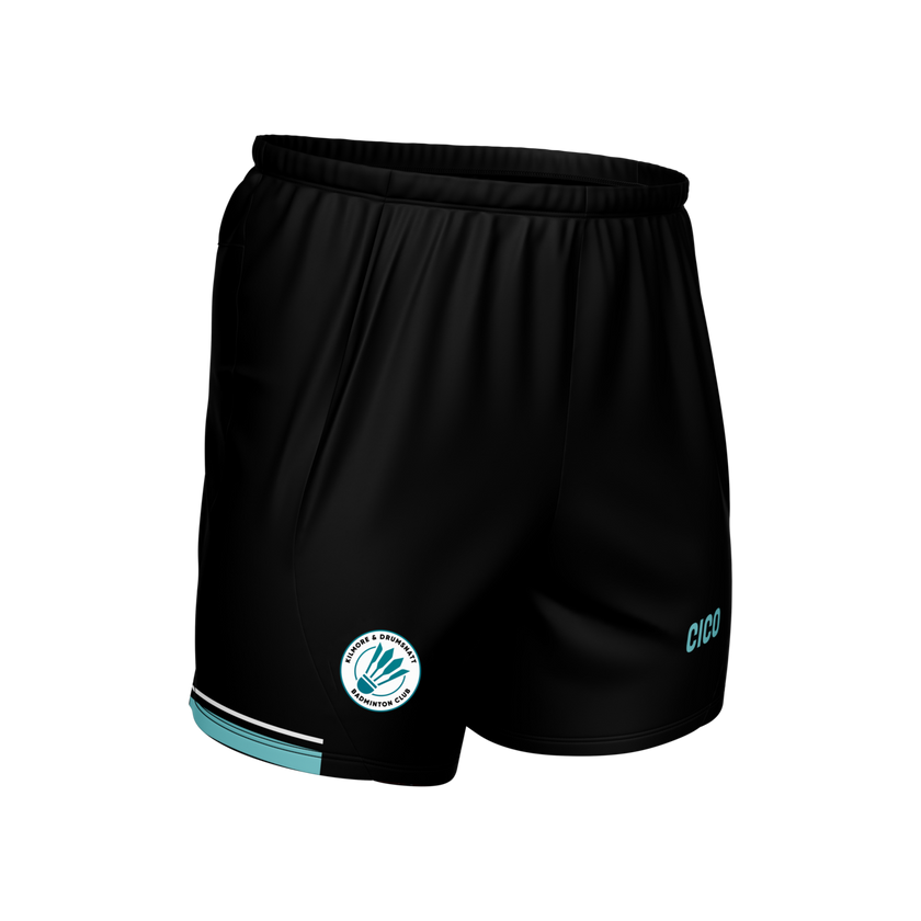 Kilmore & Drumsnatt Badminton Club black shorts with turquoise hem and club crest - Cico Sports